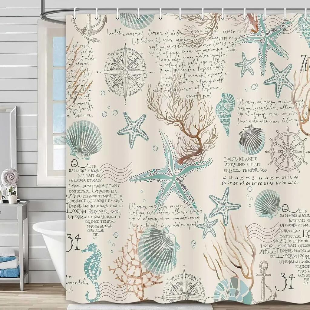 Funny Cat Shower Curtain, Turtle Starfish Fabric Shower Curtain, Children Bathroom Nautical Decoration Waterproof Hook