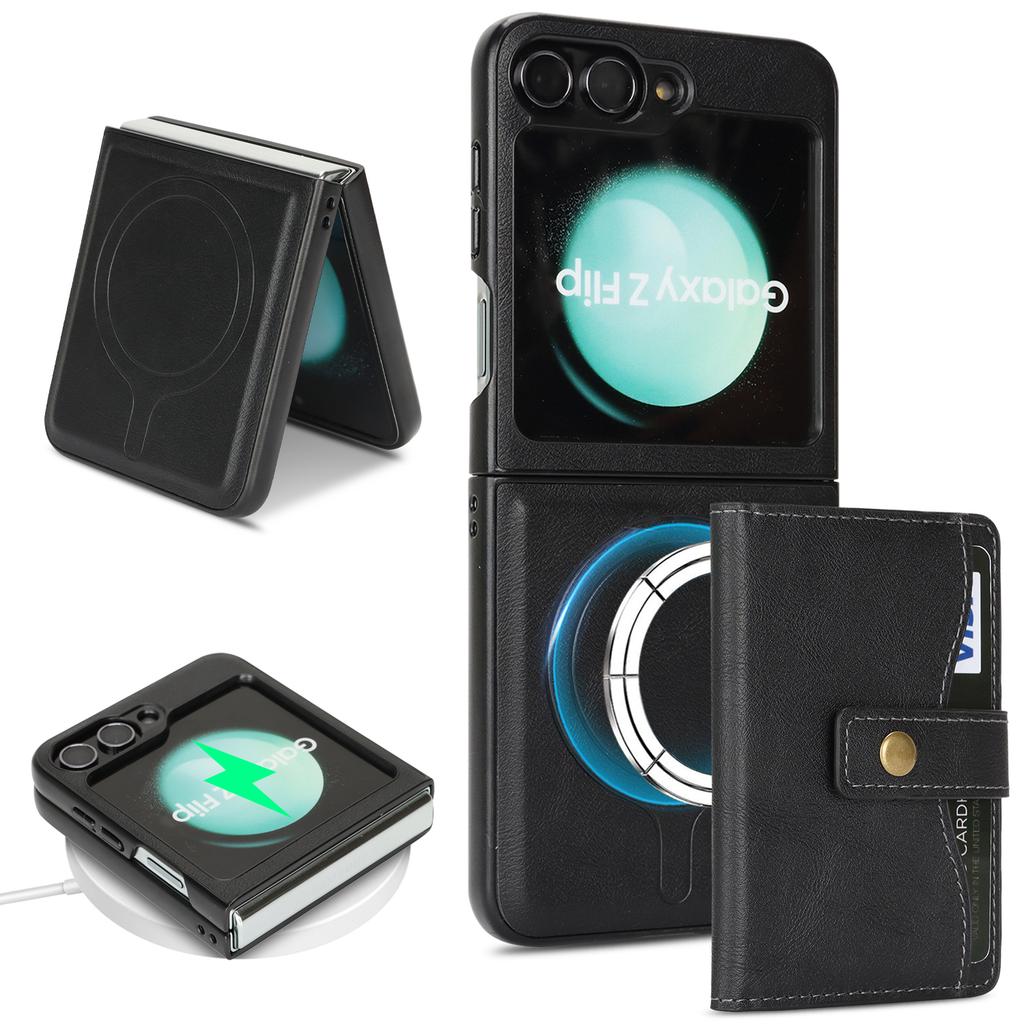 For Samsung Galaxy Z Flip6 5G Kickstand Case Detachable Card Bag Magnetic Case PU Leather Coated TPU Phone Cover