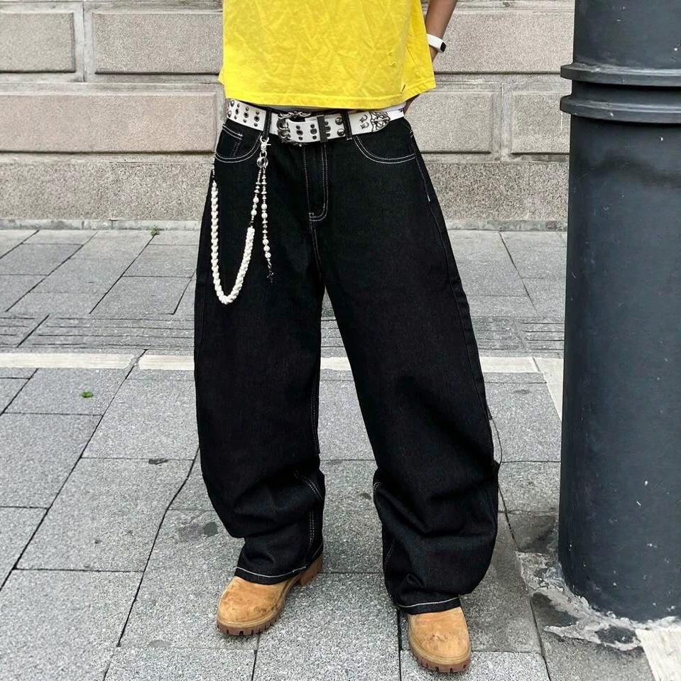 European and American angel wing printed jeans retro trendy brand washed floor-mopping trousers loose and versatile straight-leg trousers