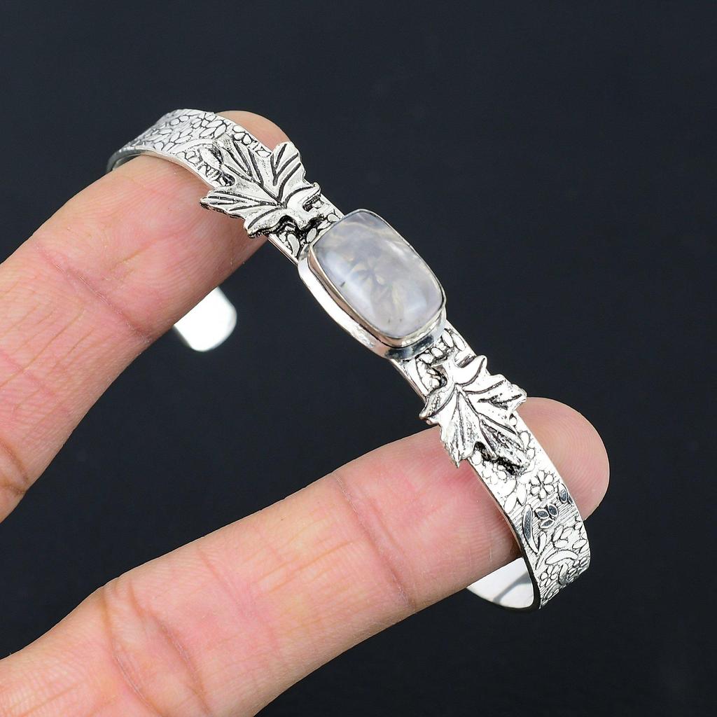 925 Sterling Silver Radiant Natural Rose Quartz Mother Handcrafted Boho Bangle