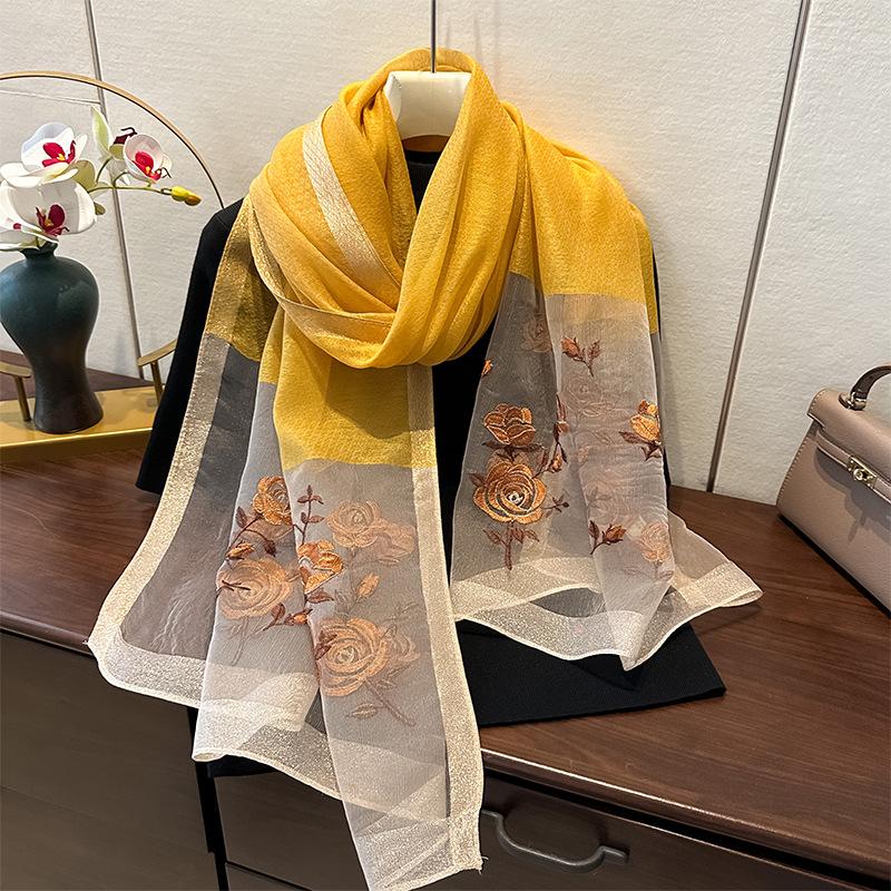 Simulation Silk Handmade Embroidered Scarf Spring And Autumn High-End Foreign Silk Scarf Femininity Easy To Match Decorative Shawl