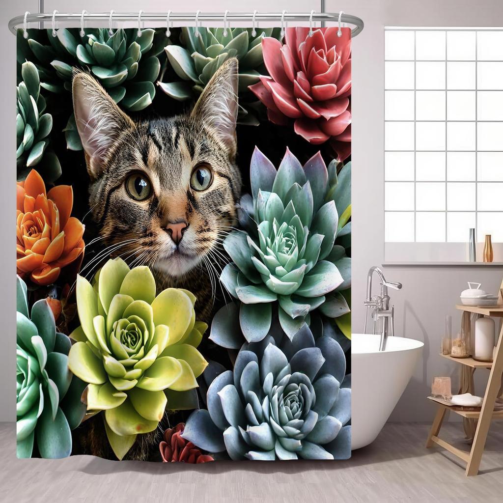 Katt Duschdraperi Biblioteksbok Kattunge på Bokhylla, Vas Blomma Boho Tyg Duschdraperier Badrumstillbehör 72x72 Tum