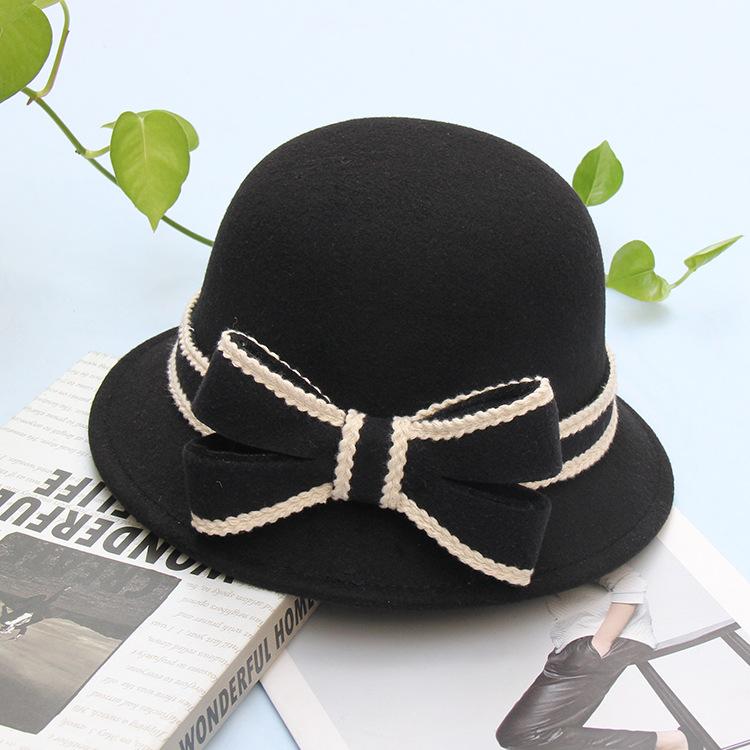 Retro Bow Woolen Hat Women's Autumn and Winter Warm Fashion Top Hat British Bucket Hat