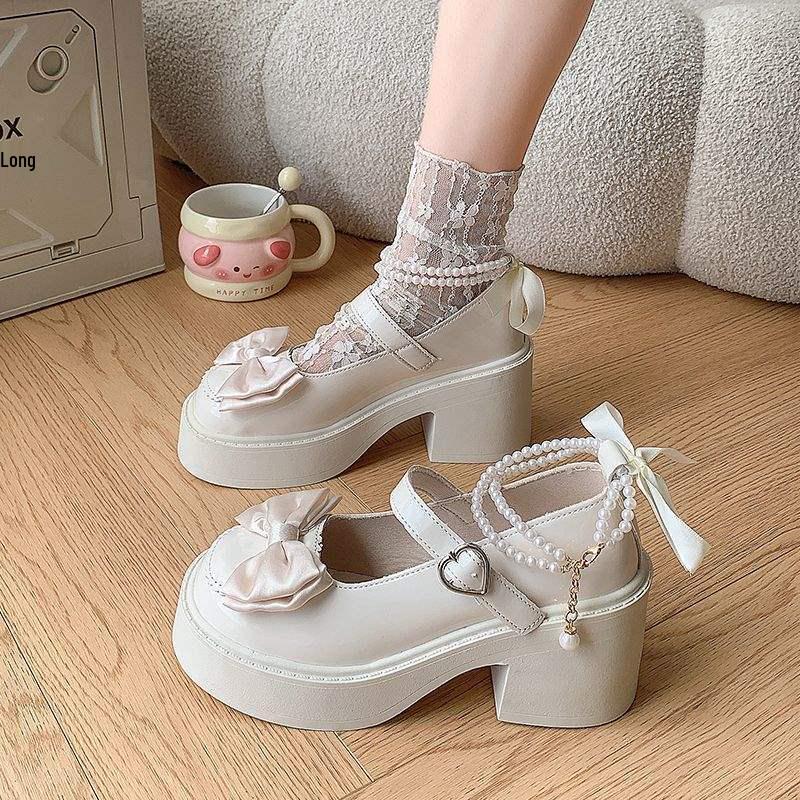 

Мэри Джейнс 2025 Винтажные Британские Бант Толстая Подошва Кожаные Туфли для Школьных Юбок 39