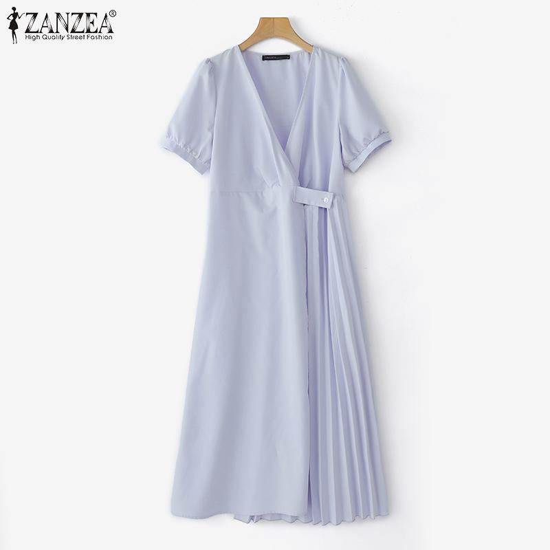 ZANZEA Elegant Women Short Sleeve Side Button Waist Pleated Casual Midi Office Dress