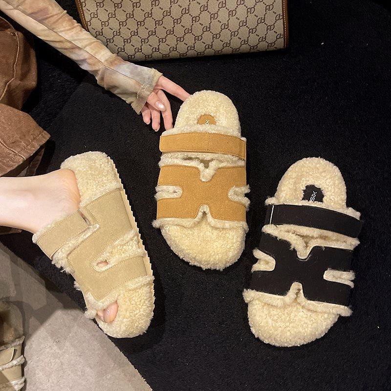 Super Fire 2025 Word Fluffy Slippers Women Wear Thick-soled Cotton Slippers Autumn and Winter New Fluffy Internet Celebrities