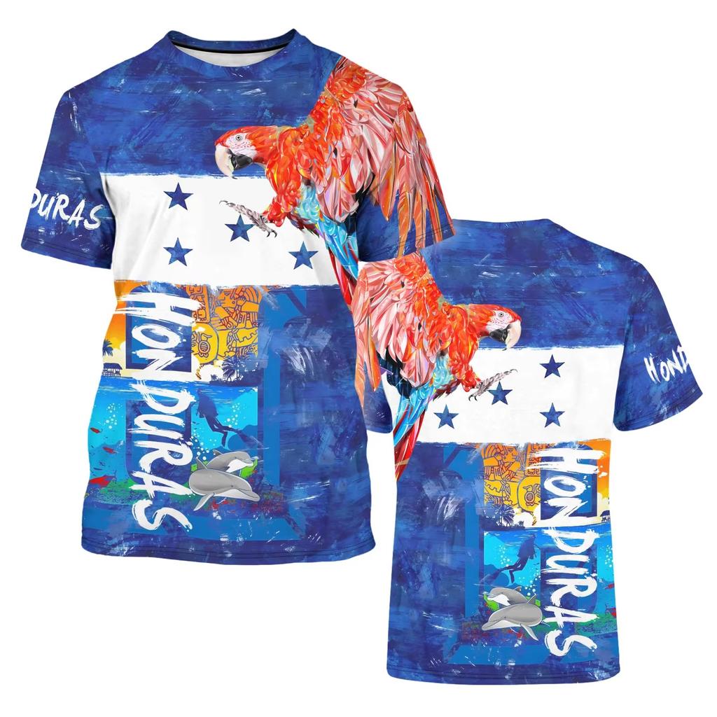 Maglietta Bandiera Honduras Edizione Familiare Bambini Adulti Maglietta Stampata 3D Pappagallo Manica Corta Maglietta Casual per Sport all'Aperto
