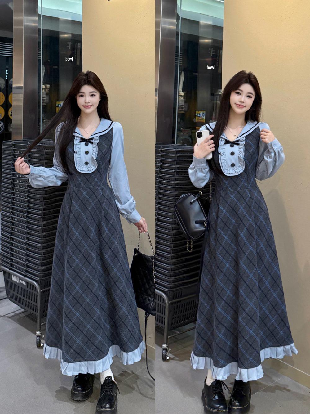 

Plus Size French-Inspired Color Block Dress: 2025 Autumn/Winter College Style Long Skirt for Women, Age-Reducing Two-Piece Look XL