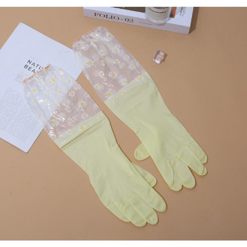 2 pairs Long Sleeve Floral Rubber Gloves - Reusable Soft and Flexible - Multi-Purpose for Dishwashing Kitchen Oven, Pet Cleaning