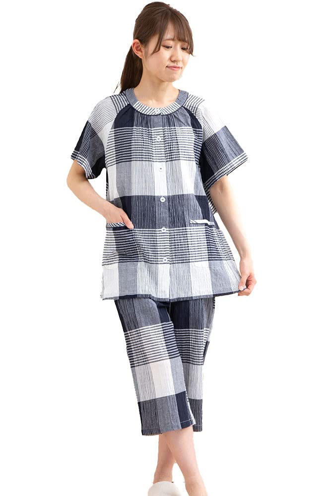 Eye Summer Short Front and Willow Check Sizes K's Women's Pajamas, Sleeves, Opening, 3/4 Pants, Skin-Friendly Cool, 100% Cotton, Pattern, Nightwear,