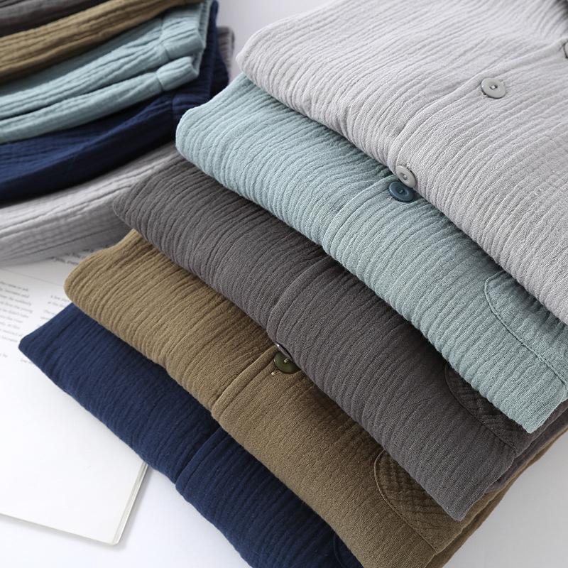 Men's pajamas spring and autumn crepe cloth pure cotton double-layer cotton yarn cardigan homewear loose large size long-sleeved trousers homewear