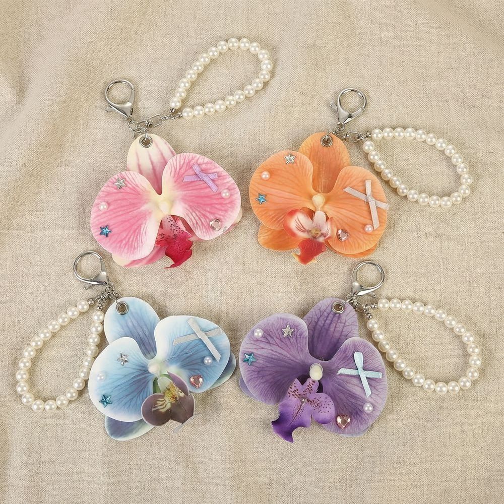 Fashion Colorful Simulation Flower Keychain Sweet Pearl Butterfly Orchid Keyring Exquisite Polyester Backpack Decoration Women