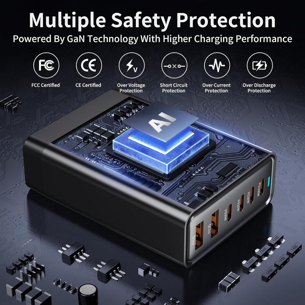 200W GaN Desktop Charger 3C+3A 6 Port Output 100W Single Type-C Port Charging Station for Phones Tablets