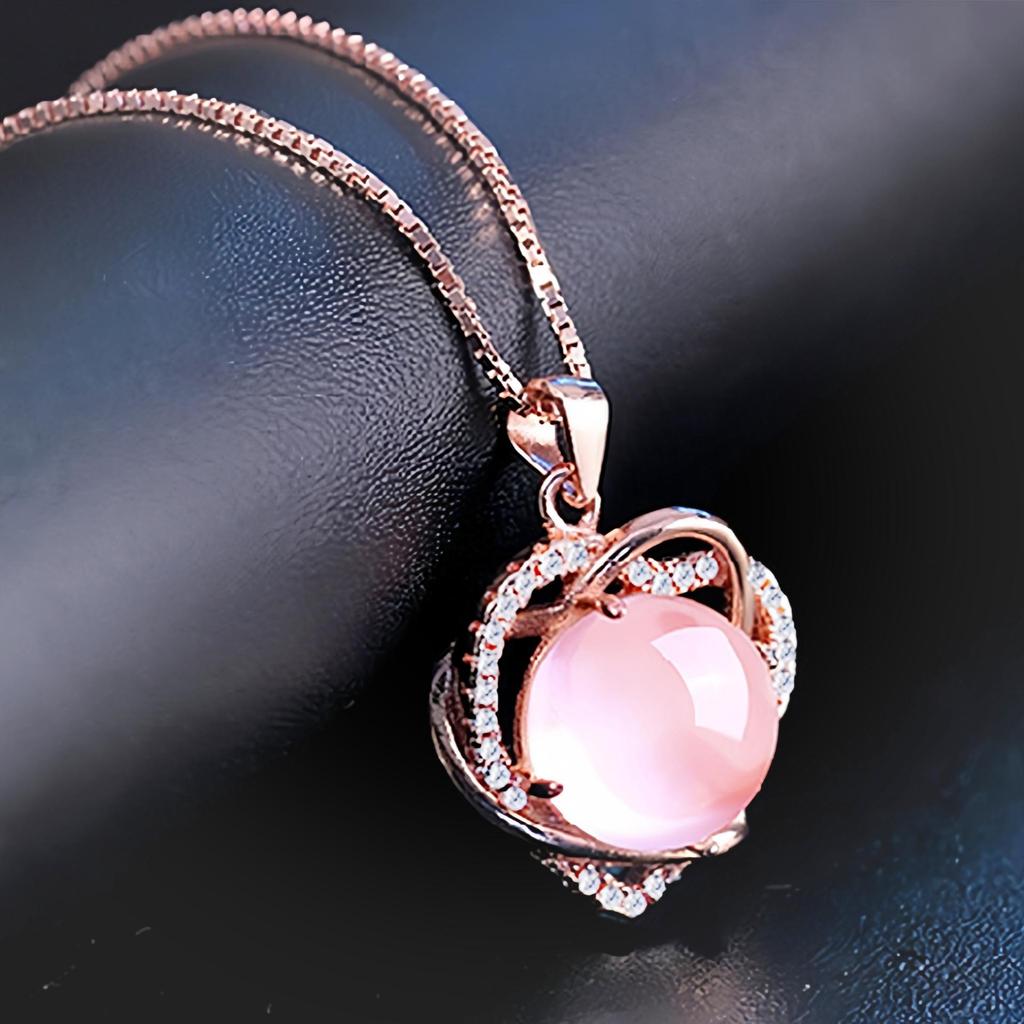 Intertwined Double Heart Shape Pink Crystal & Cat's Eye Heart Pendant