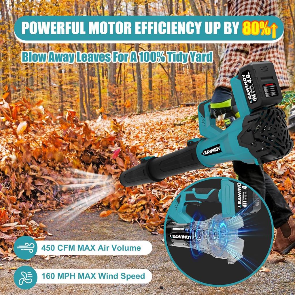 Leaf Blower Cordless, Electric Leaf Blower with 2 * 4.0Ah Batteries and Charger, 450 CFM/160 MPH Leaf Blowers & 6 Speed Levels