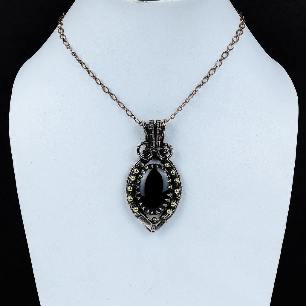 Wunderschöner schwarzer Onyx-Edelstein, reiner Kupferdraht, umwickelt, handgefertigter Anhänger, Schmuck, Geschenk