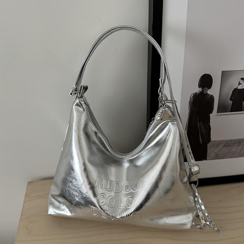 Stylish Silvery Large Capacity Handbag Versatile Crossbody & Shoulder Carry, Durable with Polyester Lining, Zipper Closure