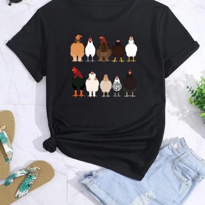 Chicken Print Crew Neck T-shirt Casual Loose Short Sleeve Fashion Summer T-Shirts Tops Women's Clothing Graphic T Shirts Y2K Top