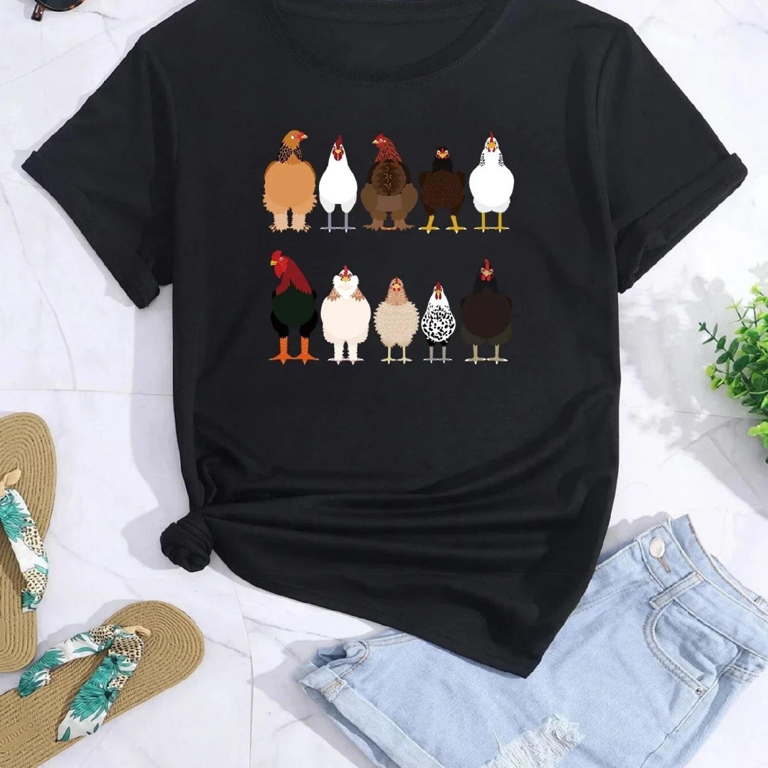 

Chicken Print Crew Neck T-shirt Casual Loose Short Sleeve Fashion Summer T-Shirts Tops Women s Clothing Graphic T Shirts Y2K Top XXXXXL різнокольоровий