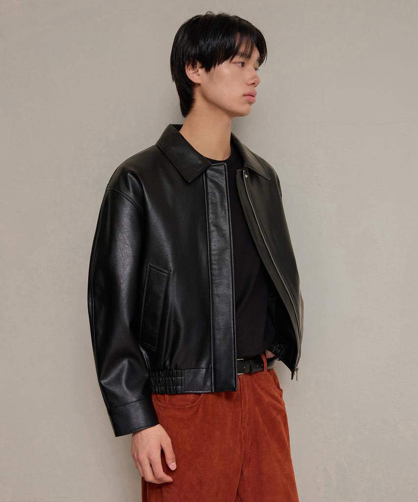 Leftseoul Unisex Synthetic Leather Oversized Blouson [Black]