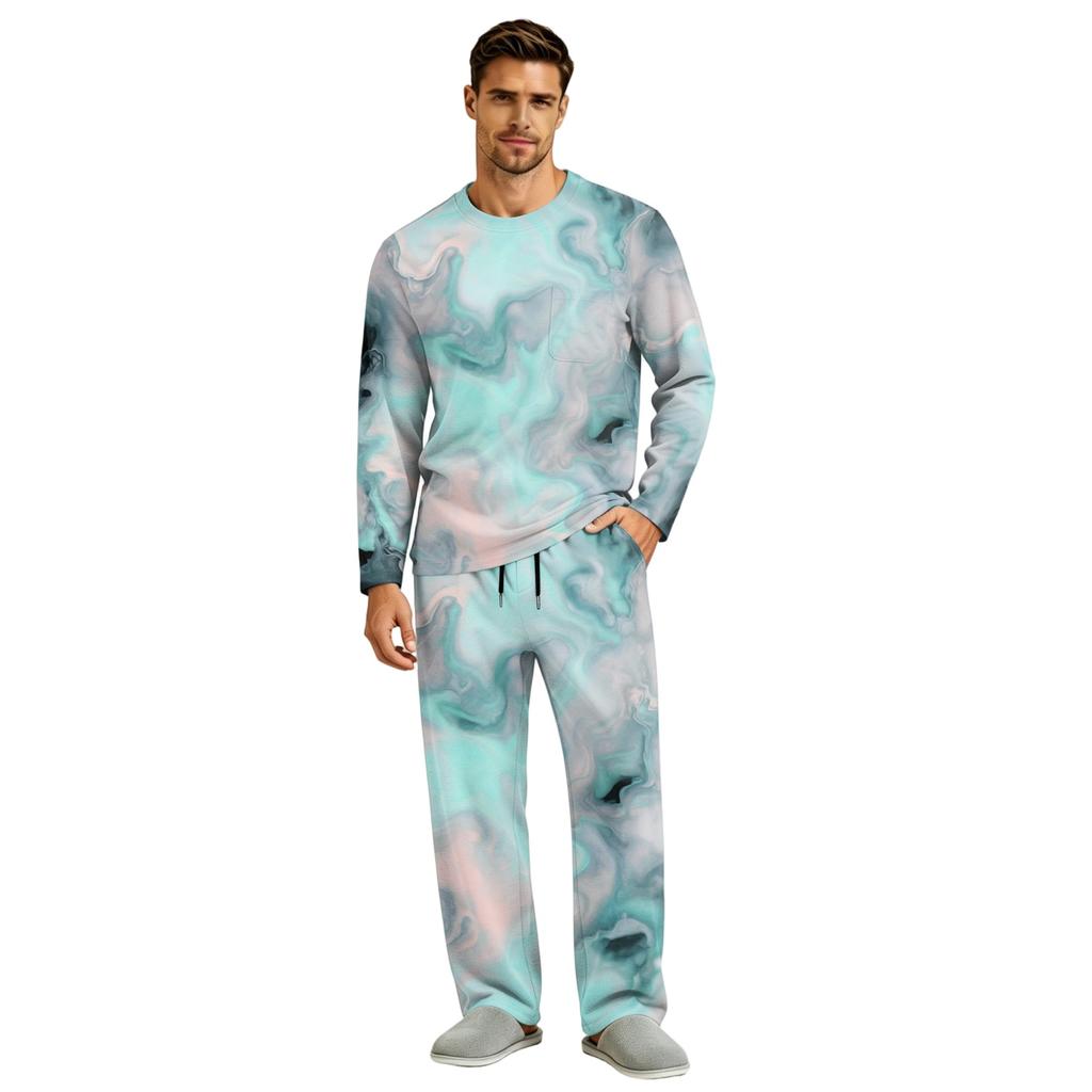 Men's Pajama Set Long Sleeve Top and Pants with Button Fly and Elastic Drawstring Waist
