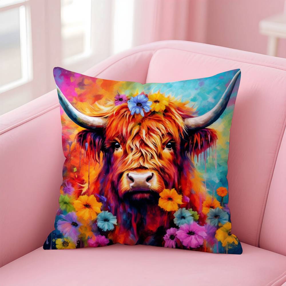 Vibrant Highland Cow Pattern Pillow Case pattern printing pillowcase living room sofa cushion cover bedroom room decor