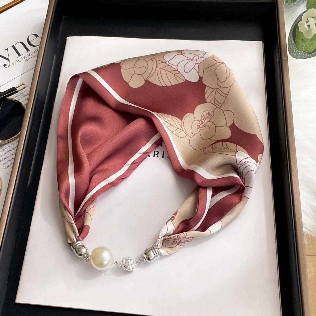Magnetic buckle silk scarf long summer pearl buckle ink wind necklace lazy small scarf spring and autumn neck protection trend