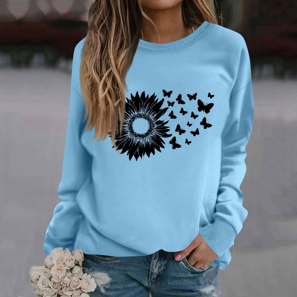 Women's Fashion Casual Long Sleeve Solid Color Printed Round Neck Top Sweatshirt
