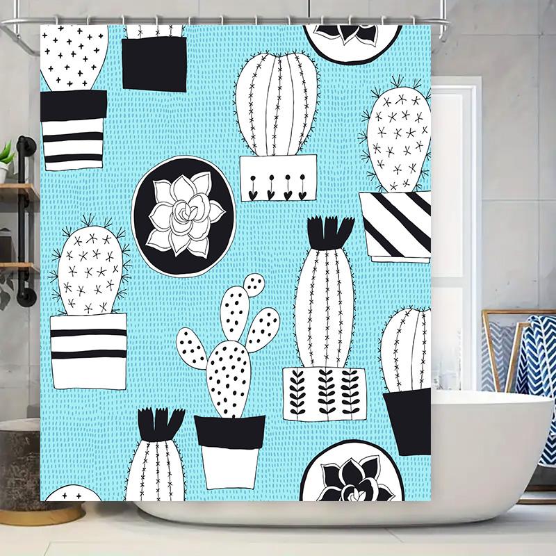 

Vintage Style Cactus Succulent Pattern Shower Curtain Black And White Geometric Print Bathroom Decor For Home Decoration W60H190(CM)-1 Pcs