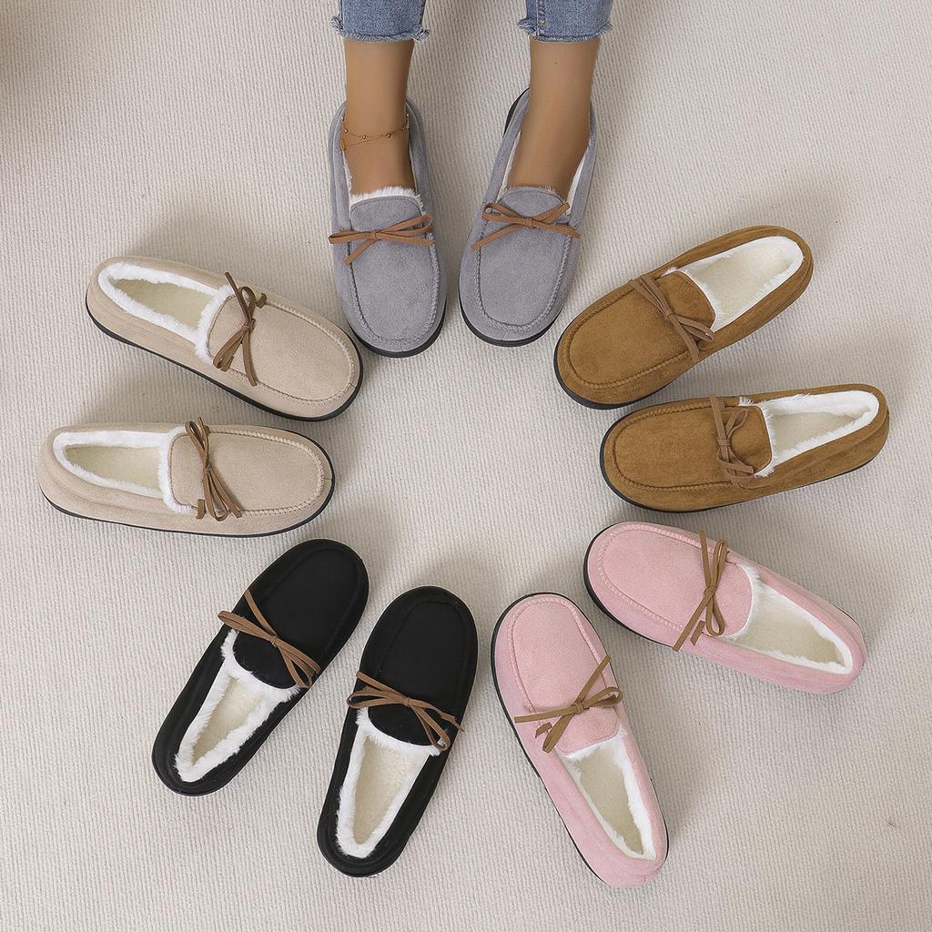Fashion Shoes for Women Winter Women Casual Flat Soft Loafers Fashion Comfortable Warm Plush Bow Slip On Female Cotton Shoes