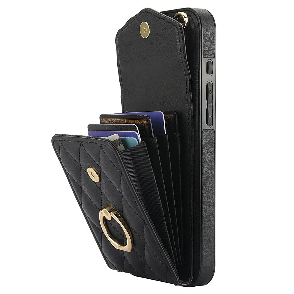 Pouzdro na iPhone 16 s kapsou na karty, kůže+TPU, crossbody kryt na telefon s kroužkem a stojánkem
