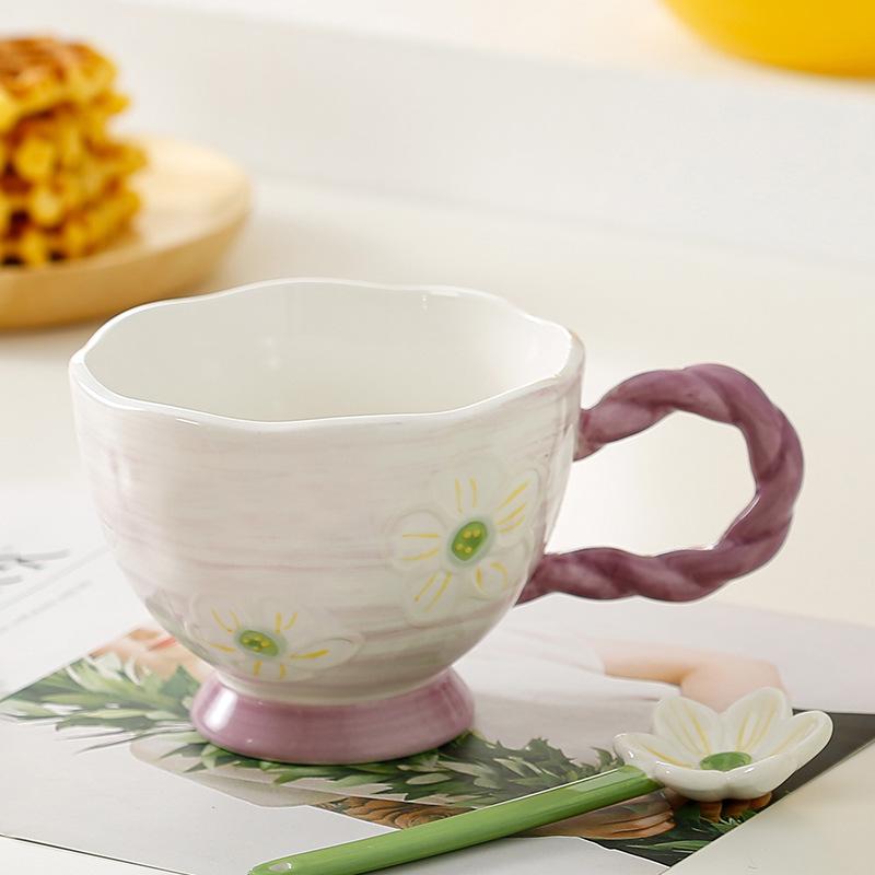 Relief Underglaze Colored Ceramic Cup Children's Goblet Hand-held Water Cup Gift with Handle Milk Cup Portable