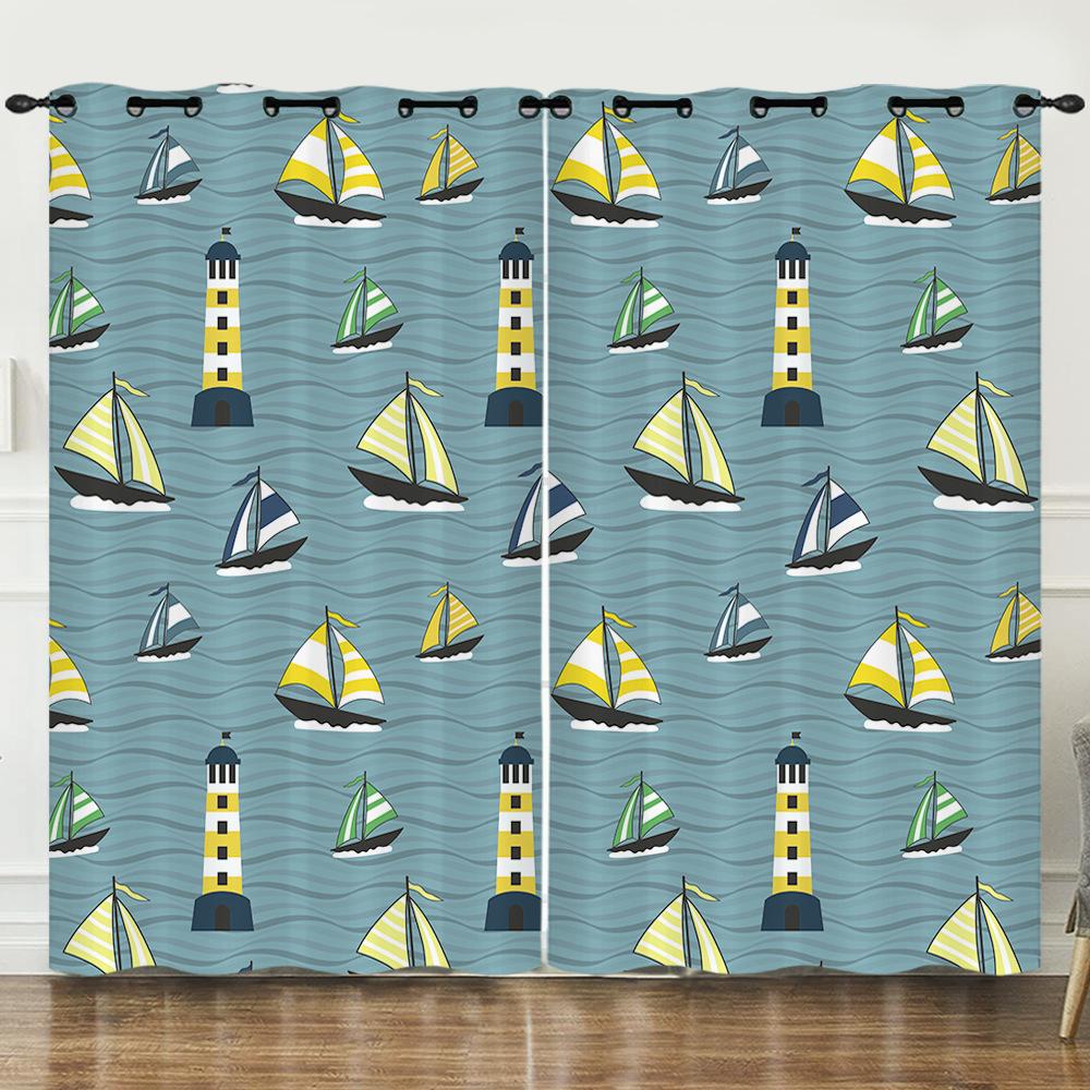 Curtains Cartoon Sailing Digital Printing Blackout Curtains Bedroom No Punching