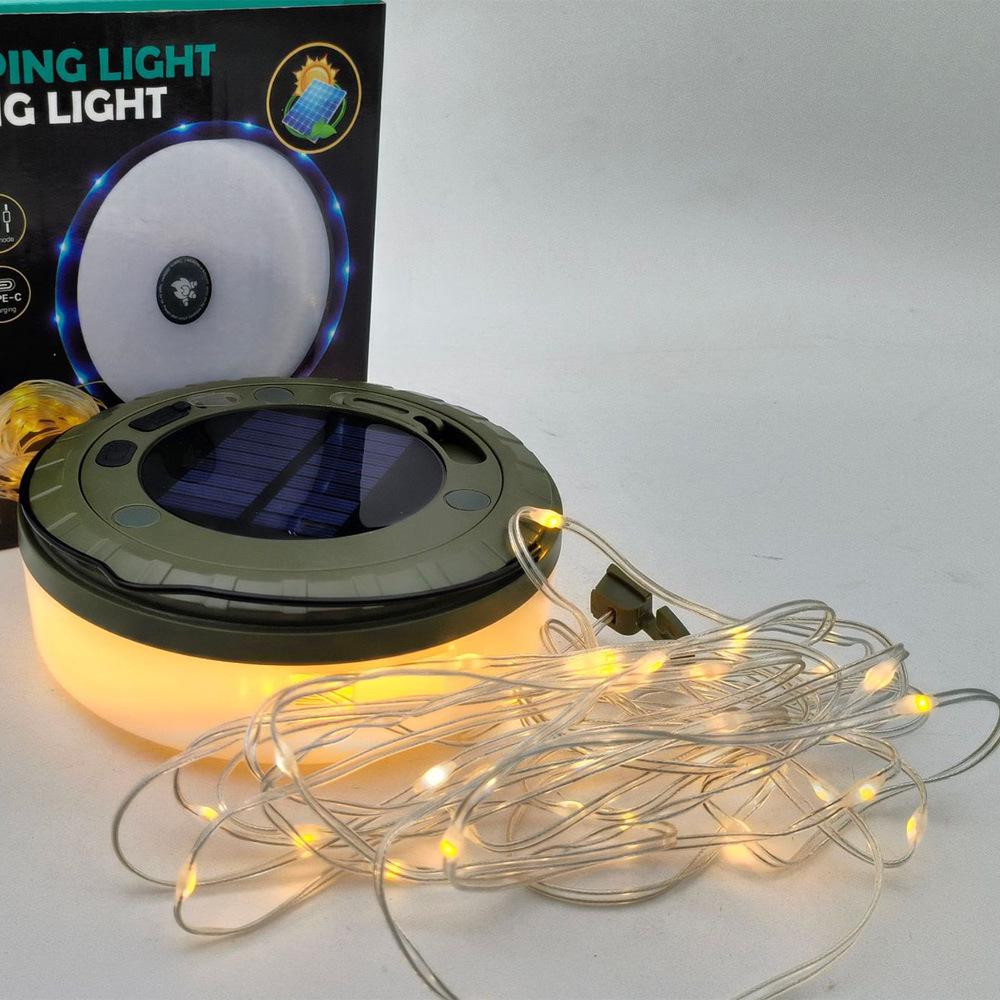 Cross-Border Rechargeable LED Solar Camping Lantern with 10m Multi-Color String Lights and Storage