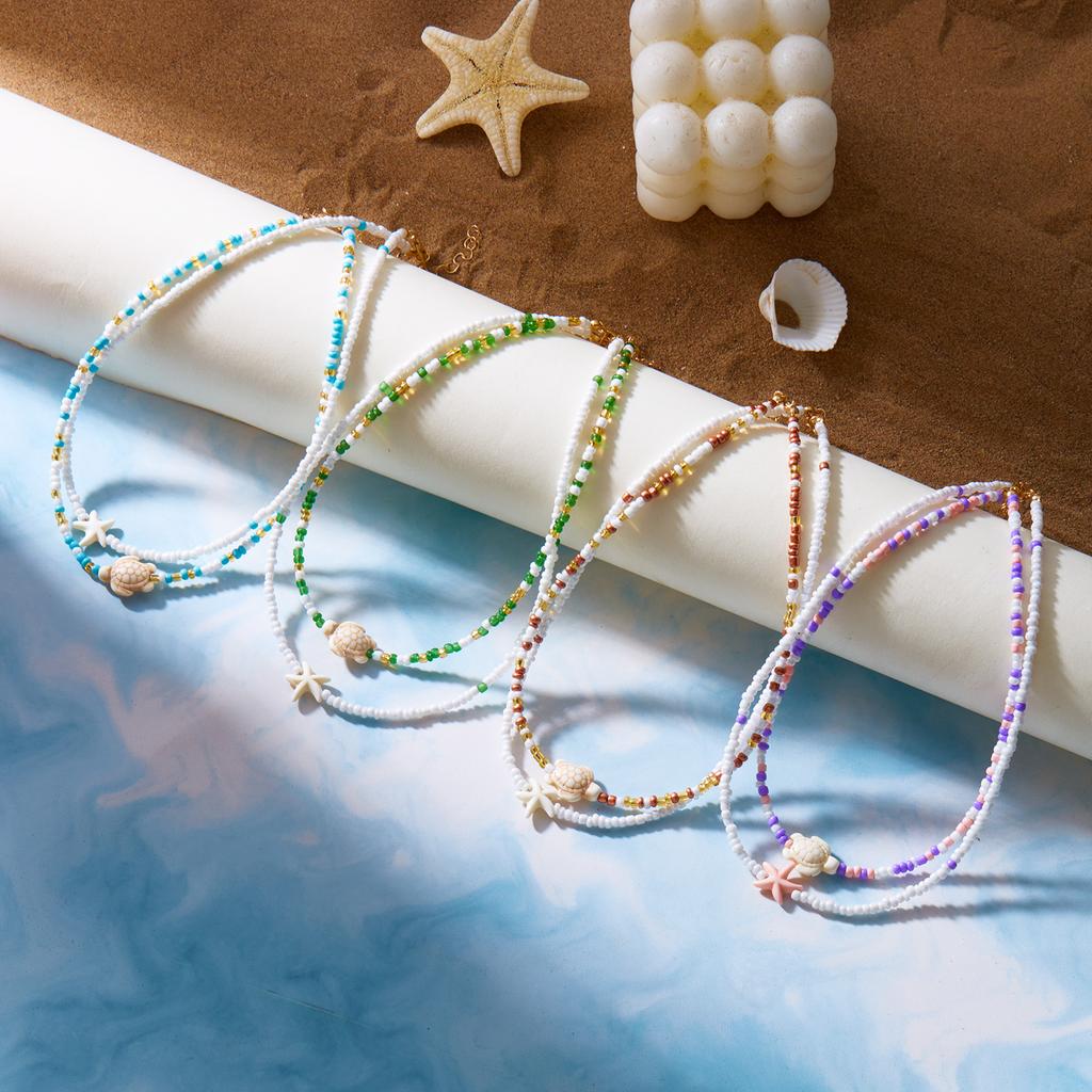 Bohemian Doppelperlen Seestern Schildkröte Anhänger Halskette für Frauen Bunte Samenperlen Schlüsselbein Kette Choker Strandparty Schmuck