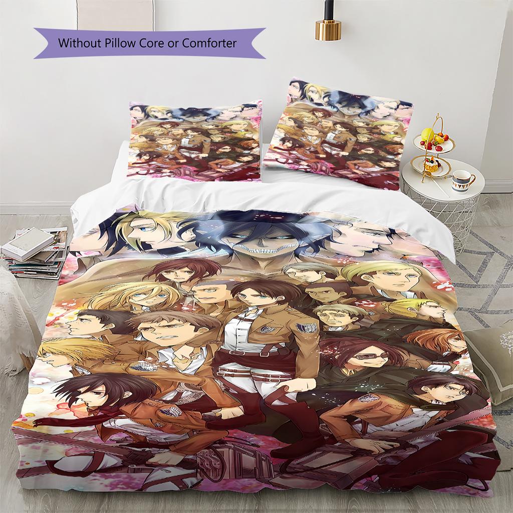 Attack On Titan Pattern Bedding,Quilt Set Quilt Cover Pillowcase Home Birthday Gift (1 * Duvet Cover + 2 * Pillowcase, Without Core)