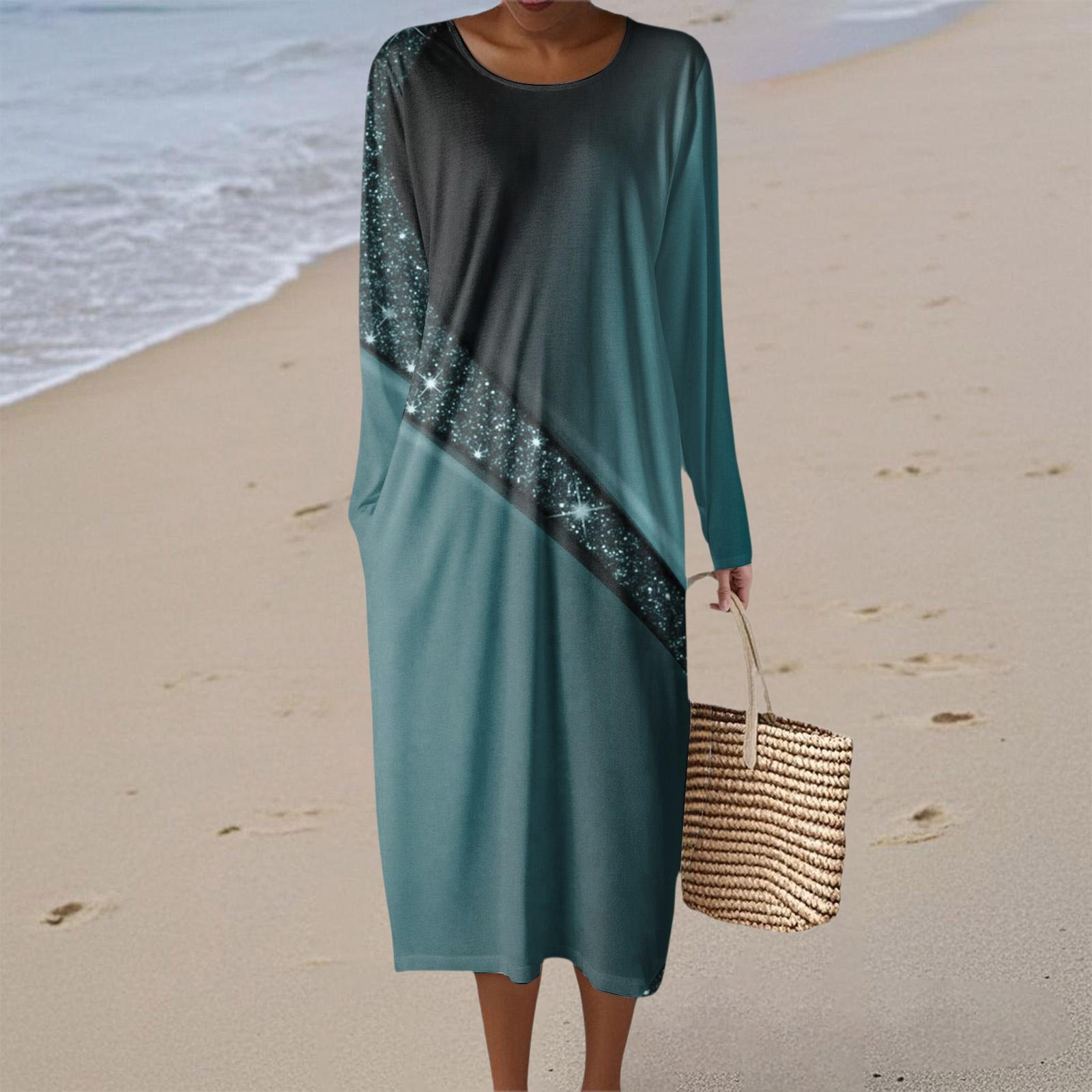 

Women s Fashion Casual Long Sleeve Retro Print Round Neck Pocket Elegant Temperament Dress XXL