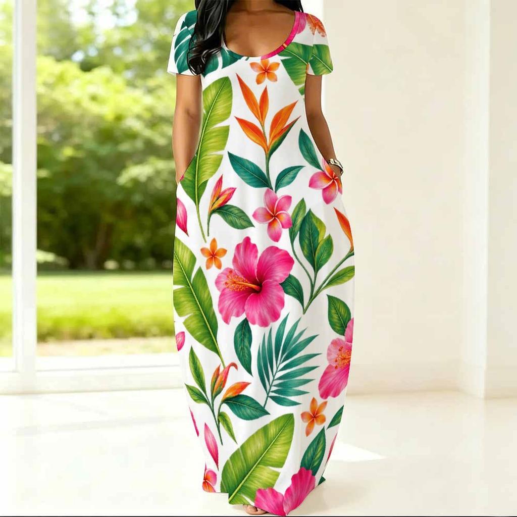 Women Plus Size Round Neck Short Sleeve Floral Printed White Maxi Dress With Side Pockets