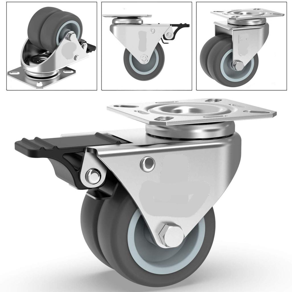 4-Pack Heavy Duty Plate Casters Silent Swivel Wheels with Lock, Furniture Trolley, Durable, Silver Finish