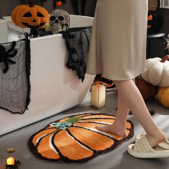 Halloween Welcome Doormat Half Circle Spider-Web Bat Skull Pumpkin Shape Floor Mat Non-Slip Entrance Mat for Front Door Porch Home Decoration