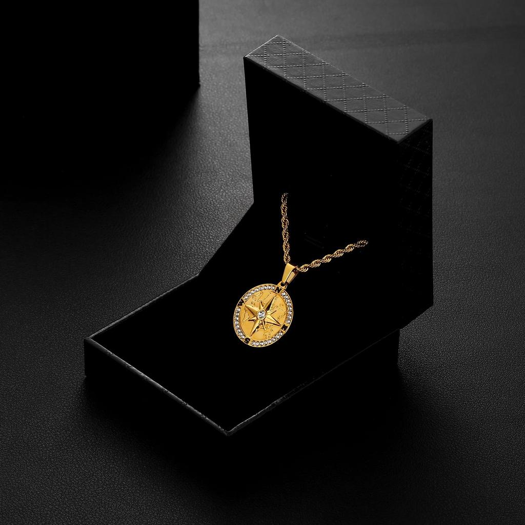 Coin Necklace Compass Pendant with French Rope Medal Gold Surgical Stainless Amulet Gift Box KRKC&CO 2.5mm Chain, Necklace, Plated, Steel,