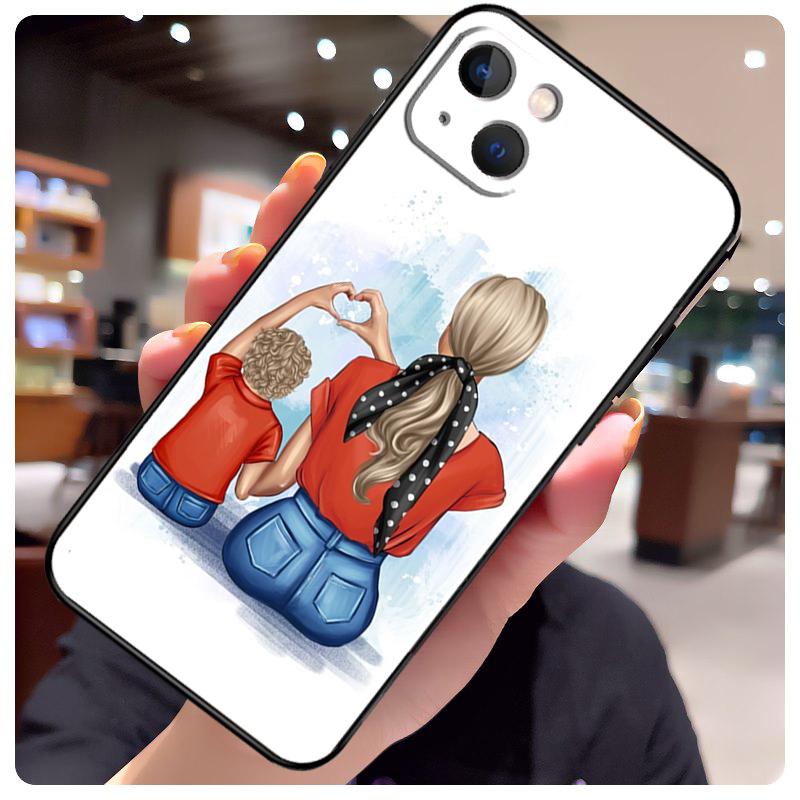 Black Brown Hair Baby Mom Girl Son Case For iPhone 15 Pro Max 14 13 12 11 16 17 Pro Max mini 15 16 Plus 16e 17 Air Phone Cover