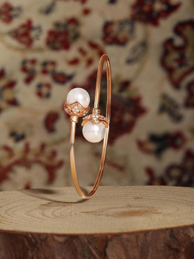 Rose Gold Tone Shiny Cubic Zirconia and Pearl Embellished Brass Kada Style Bracelet for Women