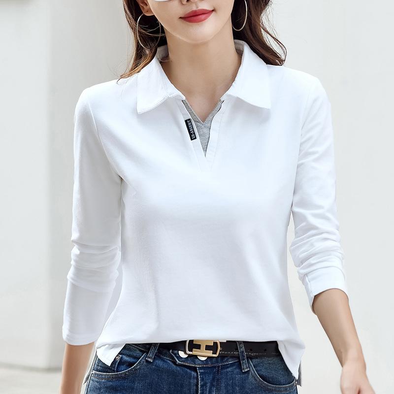 

Женская рубашка поло с воротником корейская осенняя хлопковая однотонная футболка с длинным рукавом и V-образным вырезом в стиле пэчворк женские рубашки поло для женщин XS белый