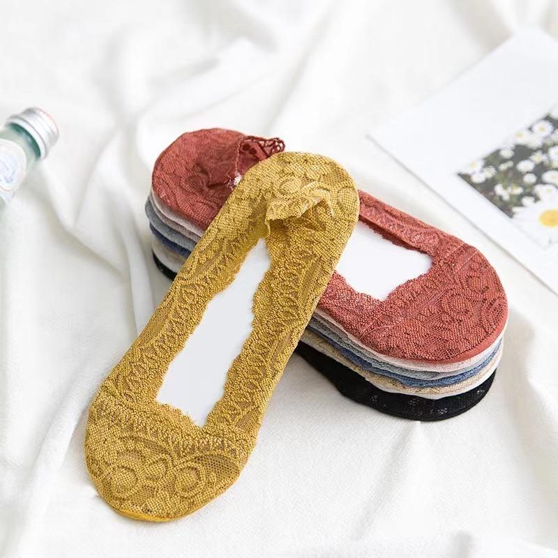 Pack Women Summer Girl Silica Transparent Lace Boat Socks Girls Cotton Invisible Anti-slip Socks No Slip No Show Socks
