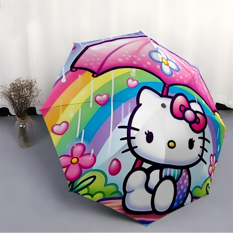 Rainbow Hello Kitty Automatic Folding Umbrella with Sturdy Iron Frame, Portable Compact Travel Umbrella All-Season Use Parties011