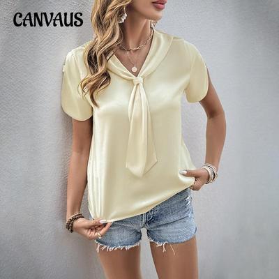 Dam Sommar Casual Topp Mode Enkel Scarfkrage Skjorta