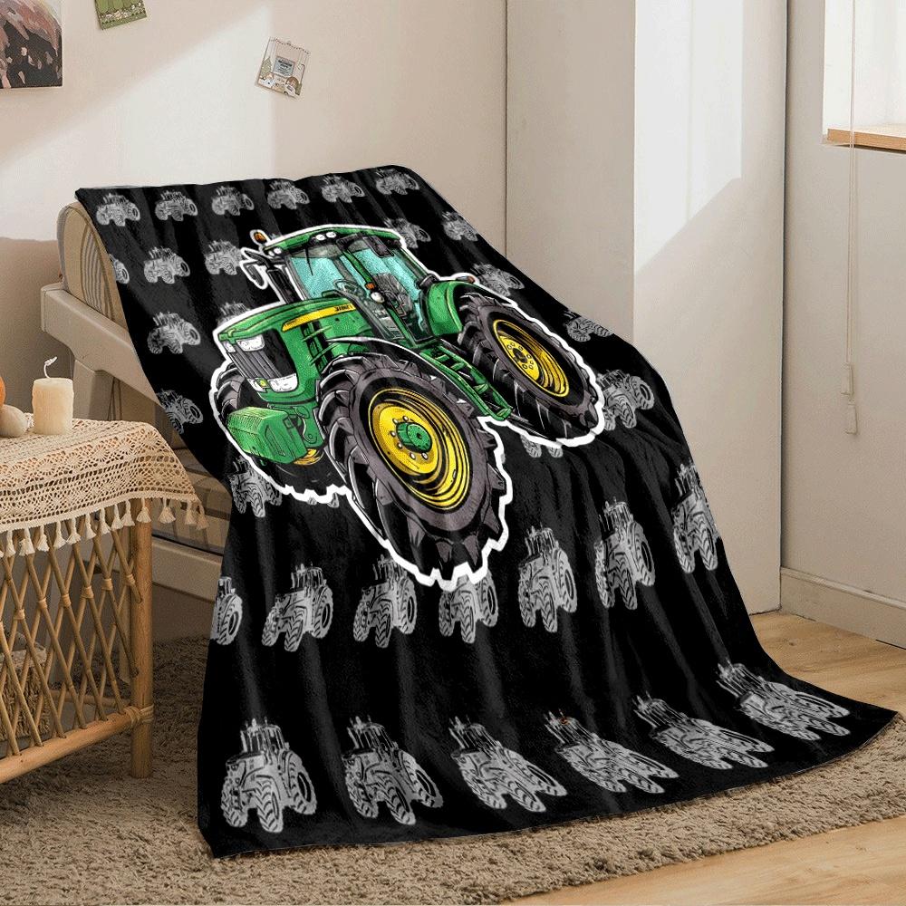 Green Tractor Artwork On a Black Background with Smaller Grey Tractors. for All Seasons Blanket Lunch Break Throw Gift