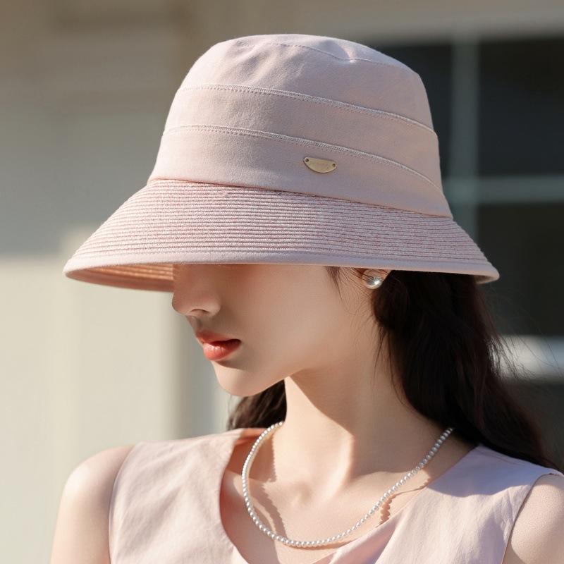 Sun Protection Hat Women'S High-End Sense Elegant Splicing Straw Bucket Hat Outdoor Sun Protection Cover Hat Lafite Straw Hat