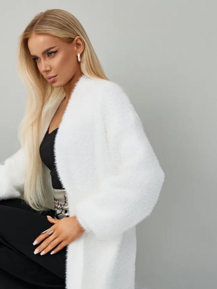 Women's White Imitation Mink Knit Cardigan Coat - Fluffy, Loose, Long, Perfect for Autumn and Winter